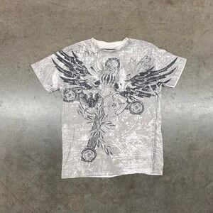 Thrift Rail Grey and black Y2K grunge tee with skulls and crosses Size L